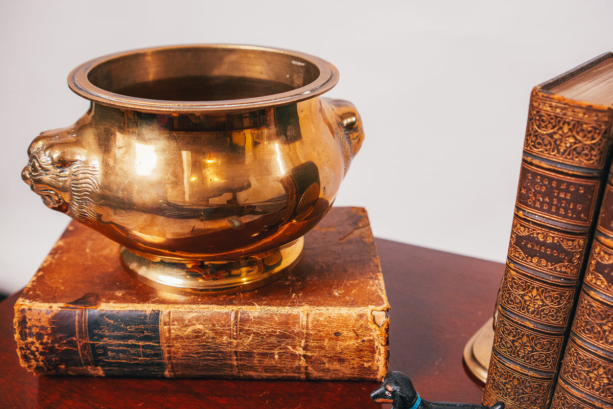 Vintage Solid Brass Pot with Chinese Guardian Lion Handles