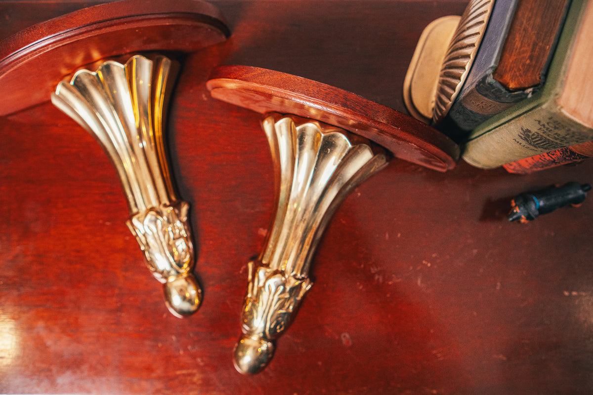 Vintage Hollywood Regency Style Brass and Wood Seashell Wall Sconce Shelves (set of two)