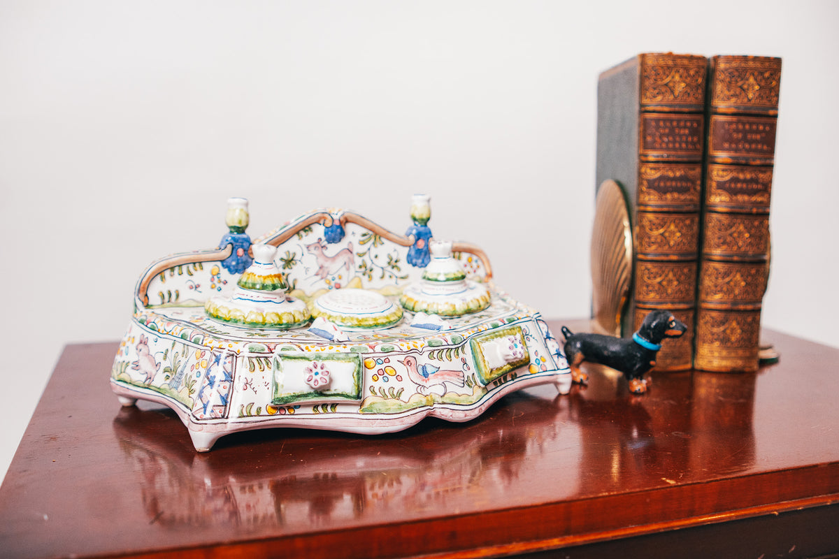 Antique Hand-Painted Continental Porcelain Inkstand Desk Set - Made in Italy