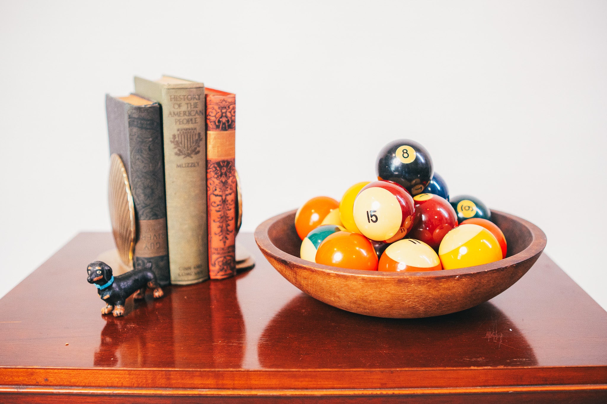 Aramith Belgian Billiard Pool Balls in an Antique Hand Turned Munising Wooden Dough Bowl
