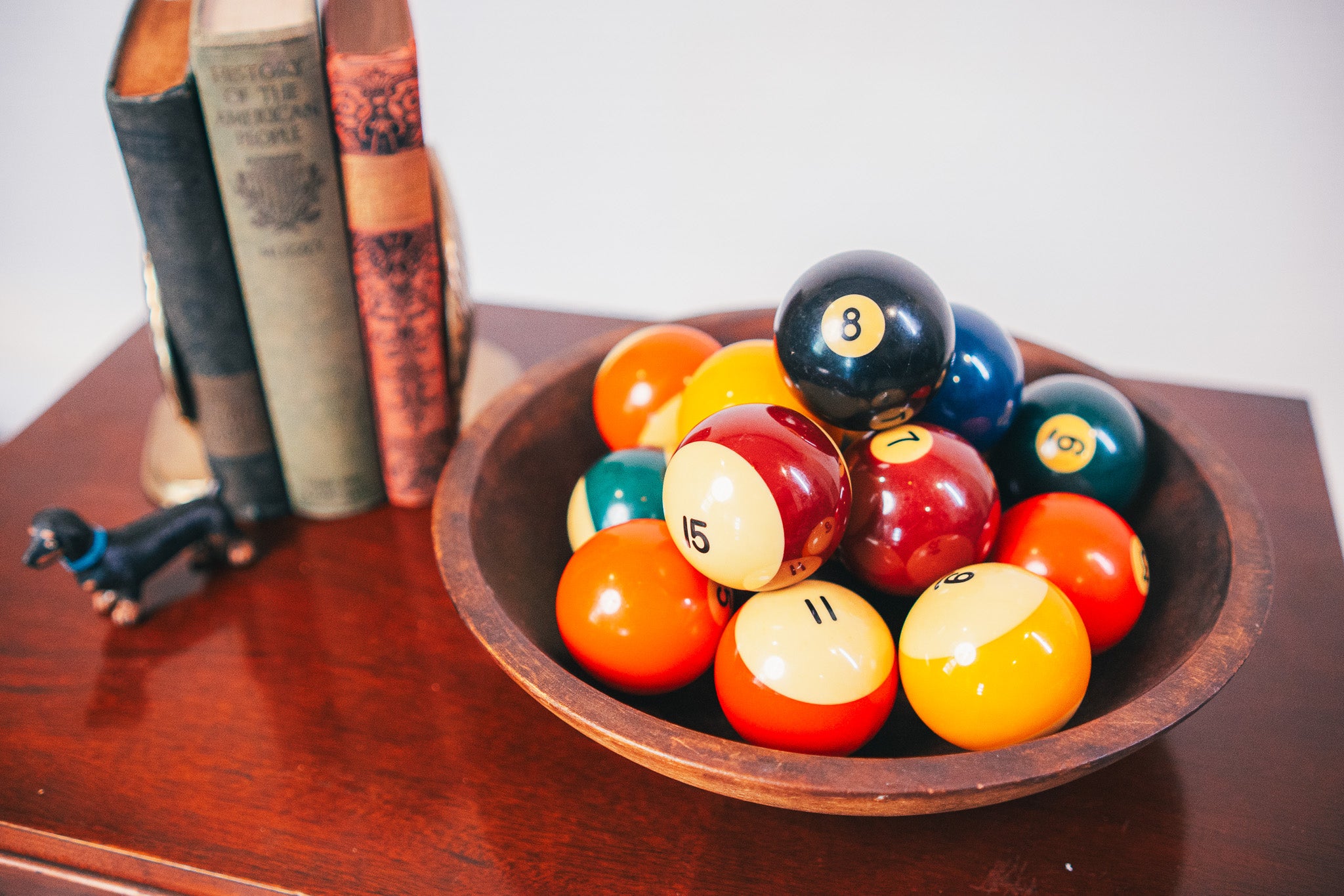 Aramith Belgian Billiard Pool Balls in an Antique Hand Turned Munising Wooden Dough Bowl