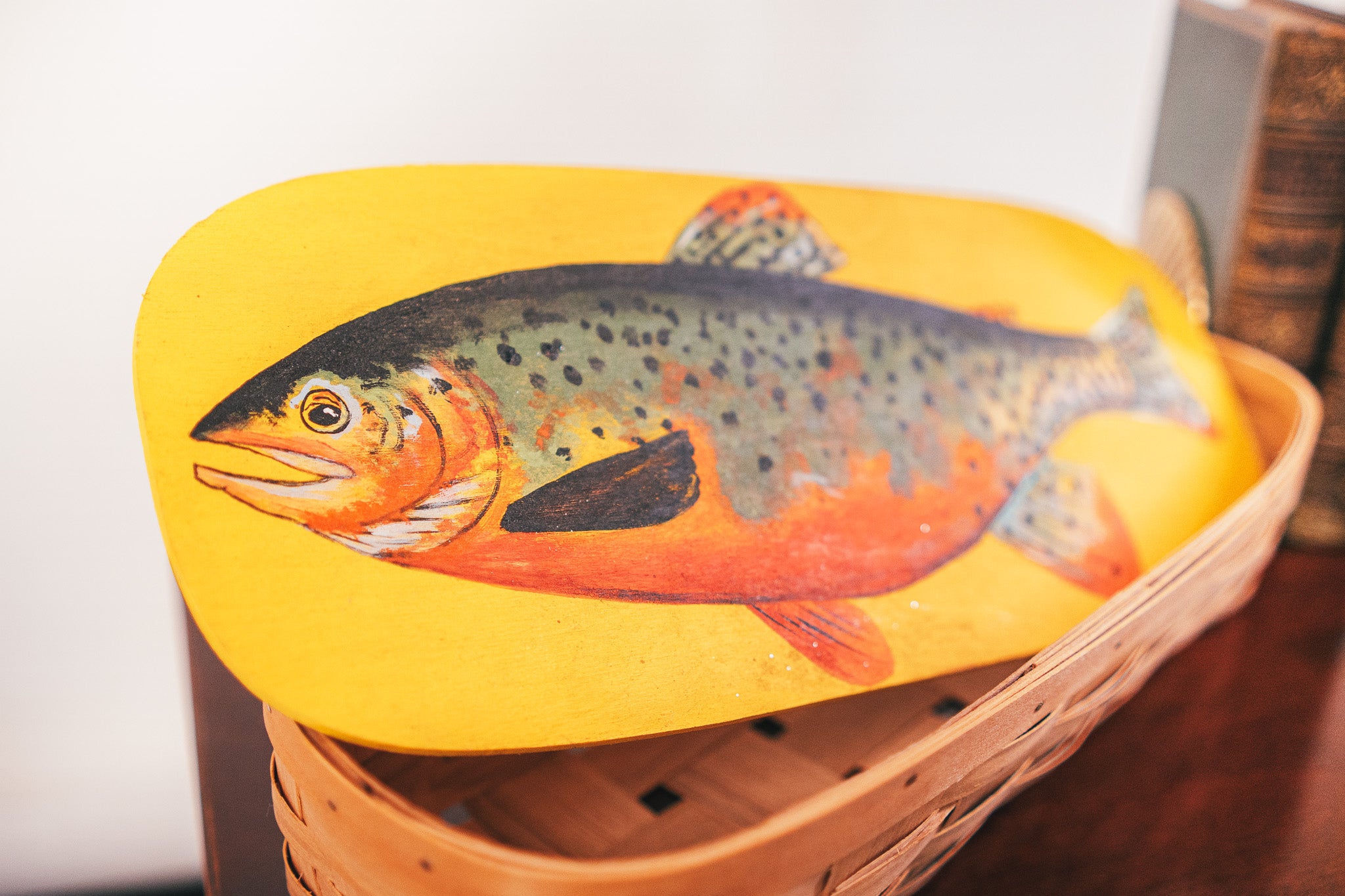Longaberger Handwoven Vanity Basket with Trout Painted Wooden Top