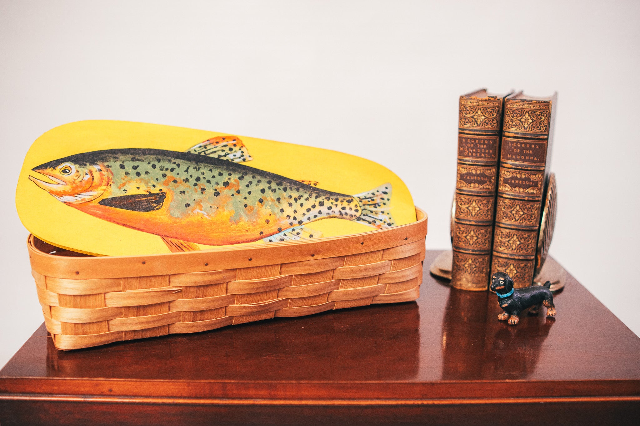 Longaberger Handwoven Vanity Basket with Trout Painted Wooden Top