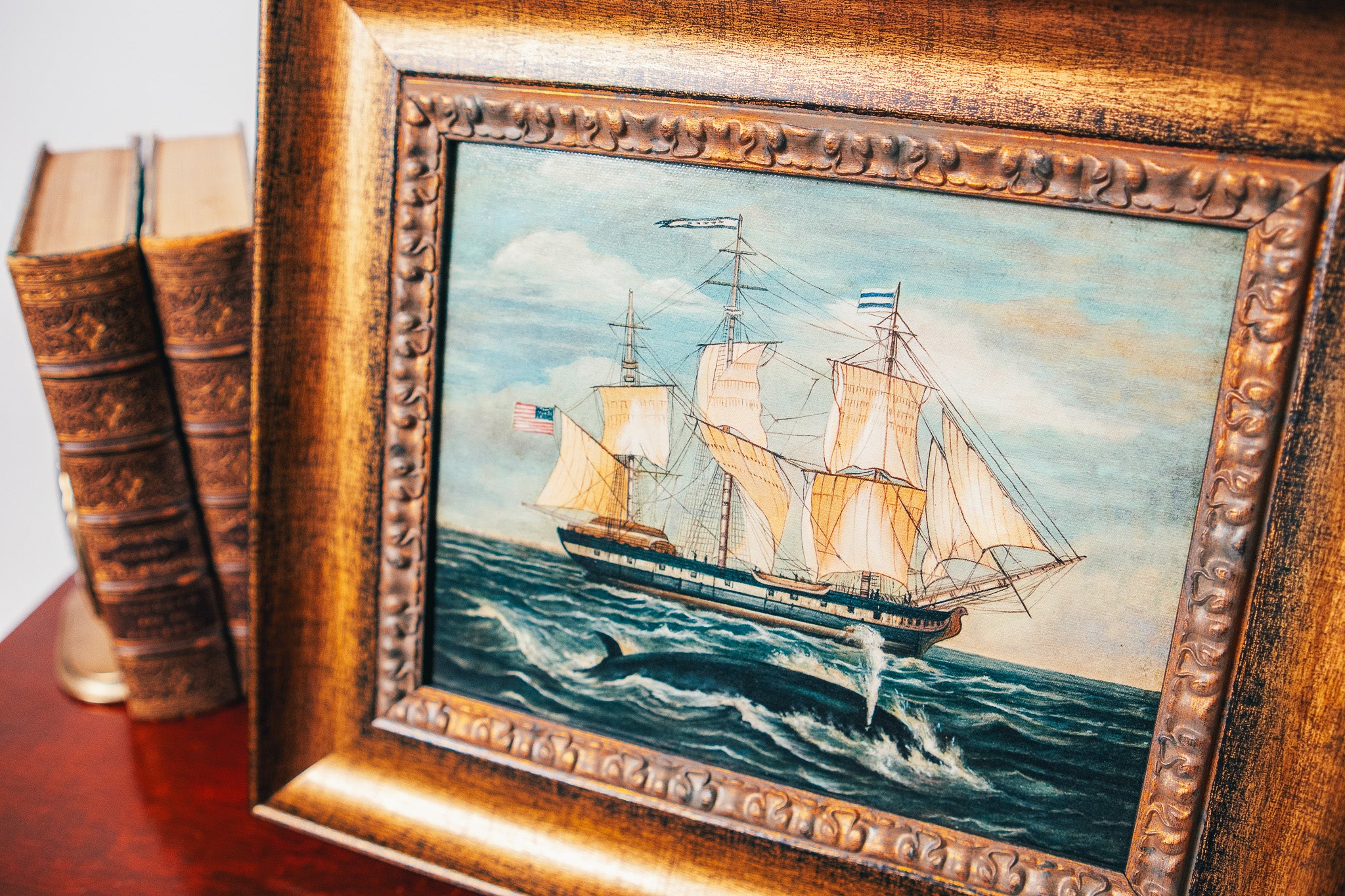 Schooner Bay Co. American Whaling Ship With Sperm Whale Framed Print