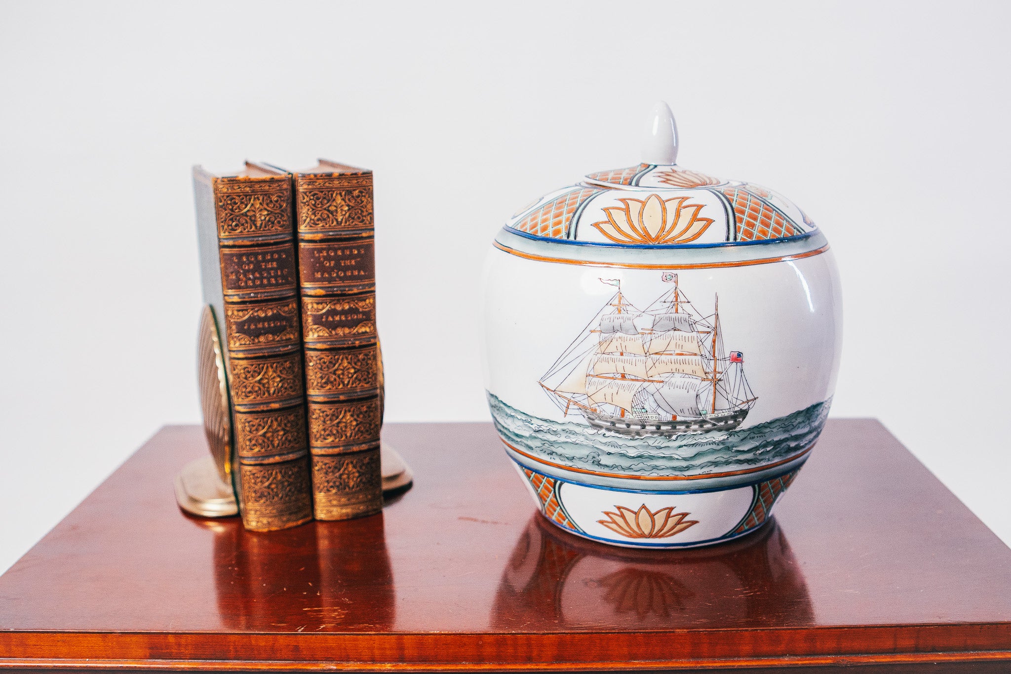 Decorative Lidded Porcelain Jar Featuring A Nautical "Black Ship"