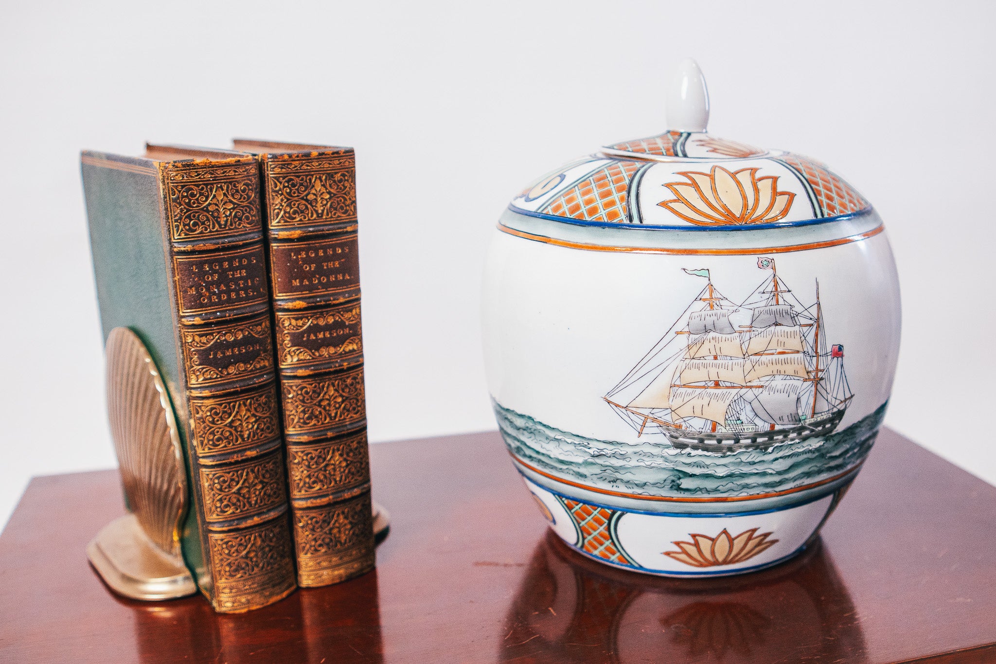 Decorative Lidded Porcelain Jar Featuring A Nautical "Black Ship"