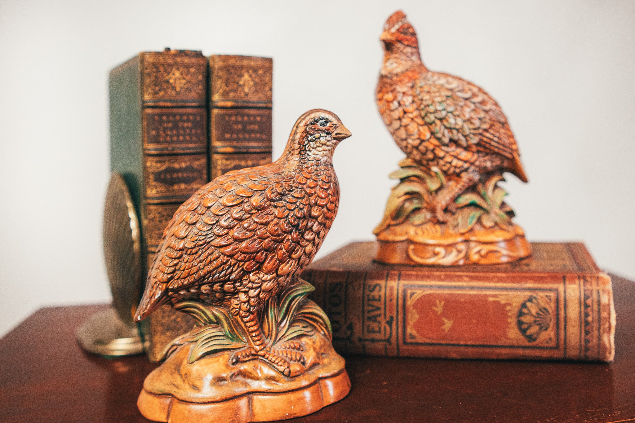 Two wooden bird figurines on books with a plain background