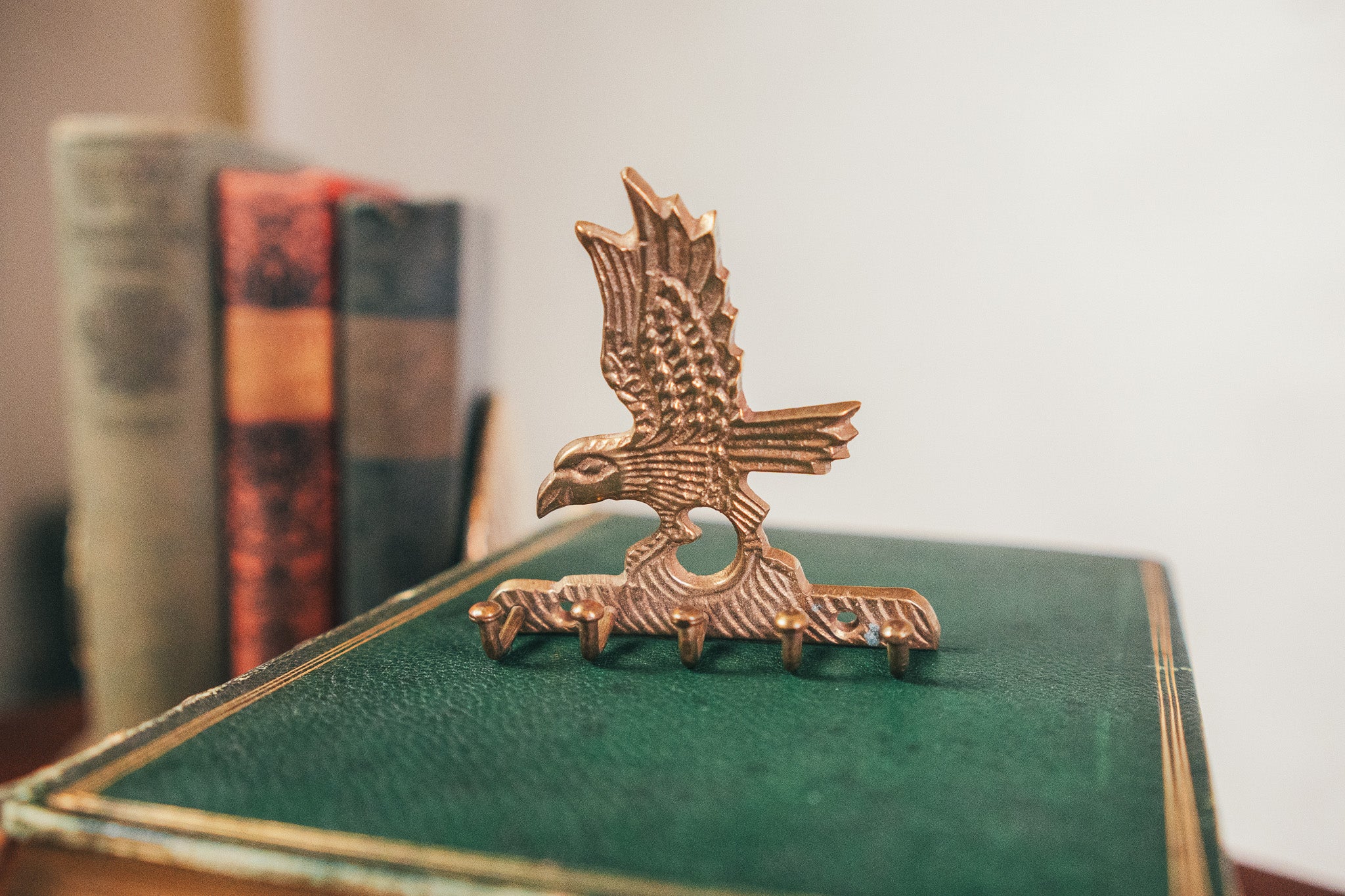 Bronze eagle emblem on a green book with blurred books in the background