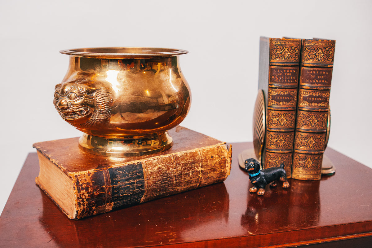 Vintage Solid Brass Pot with Chinese Guardian Lion Handles