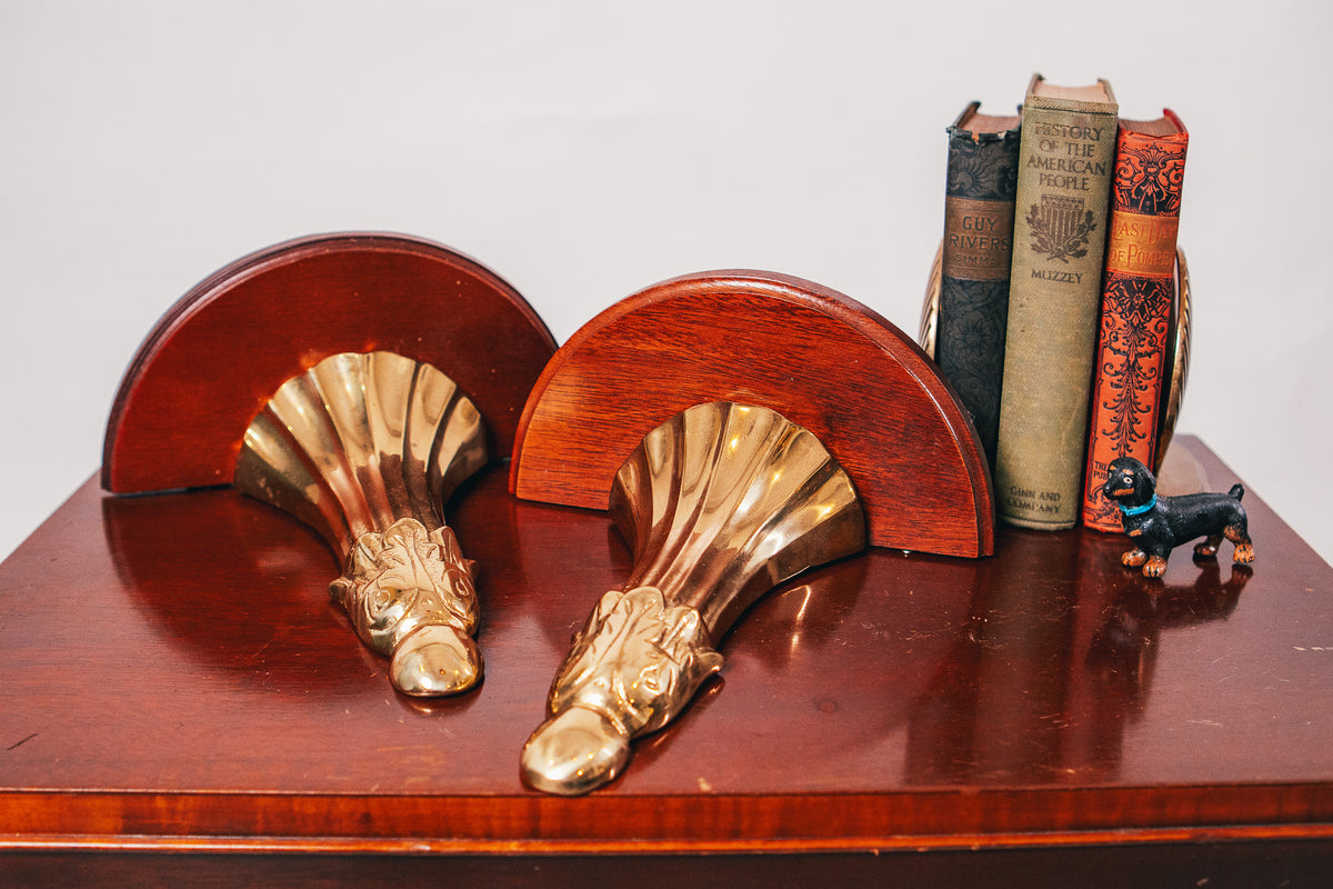 Vintage Hollywood Regency Style Brass and Wood Seashell Wall Sconce Shelves (set of two)