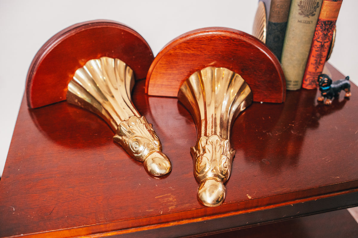 Vintage Hollywood Regency Style Brass and Wood Seashell Wall Sconce Shelves (set of two)