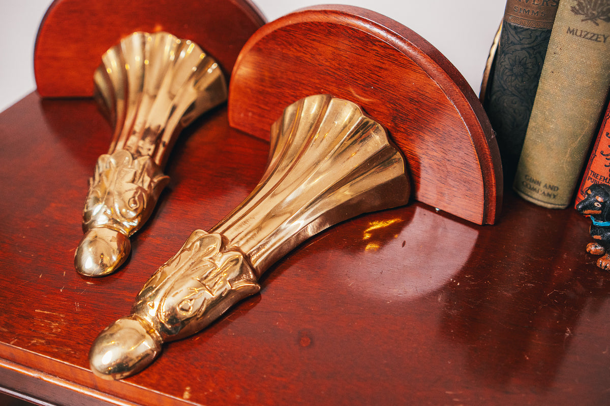 Vintage Hollywood Regency Style Brass and Wood Seashell Wall Sconce Shelves (set of two)