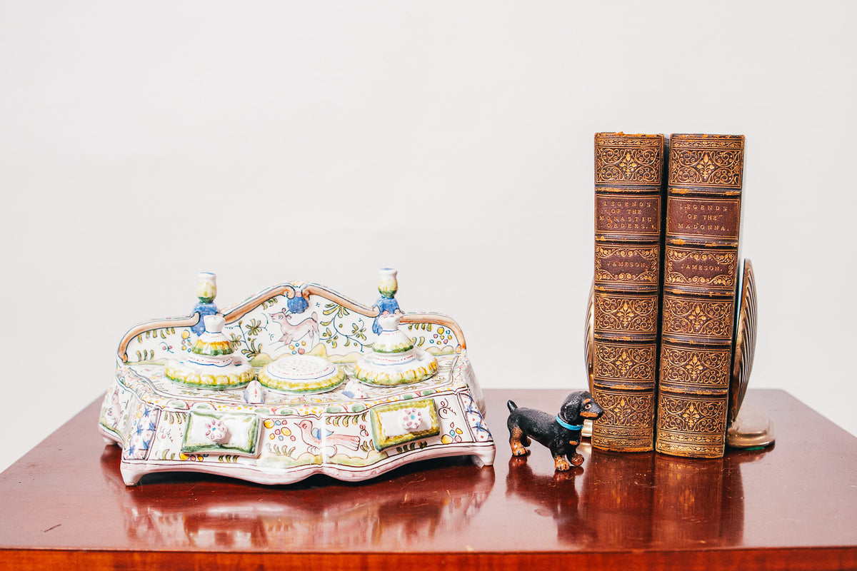Antique Hand-Painted Continental Porcelain Inkstand Desk Set - Made in Italy