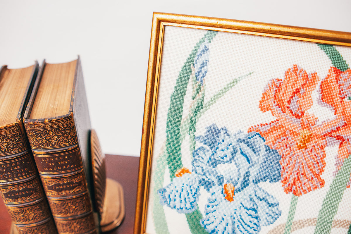 Vintage Framed Floral Iris Needlepoint