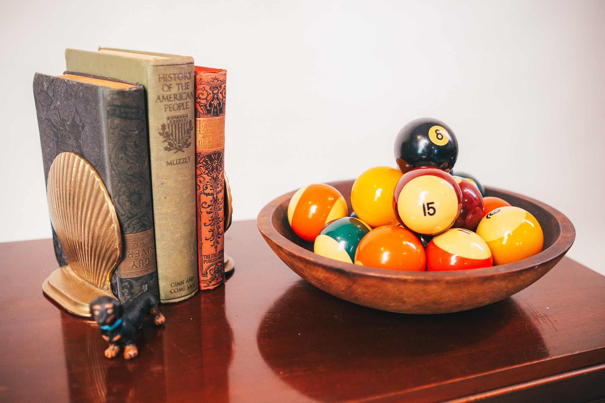 Aramith Belgian Billiard Pool Balls in an Antique Hand Turned Munising Wooden Dough Bowl