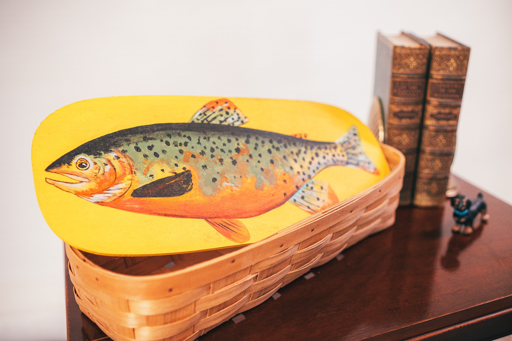 Longaberger Handwoven Vanity Basket with Trout Painted Wooden Top
