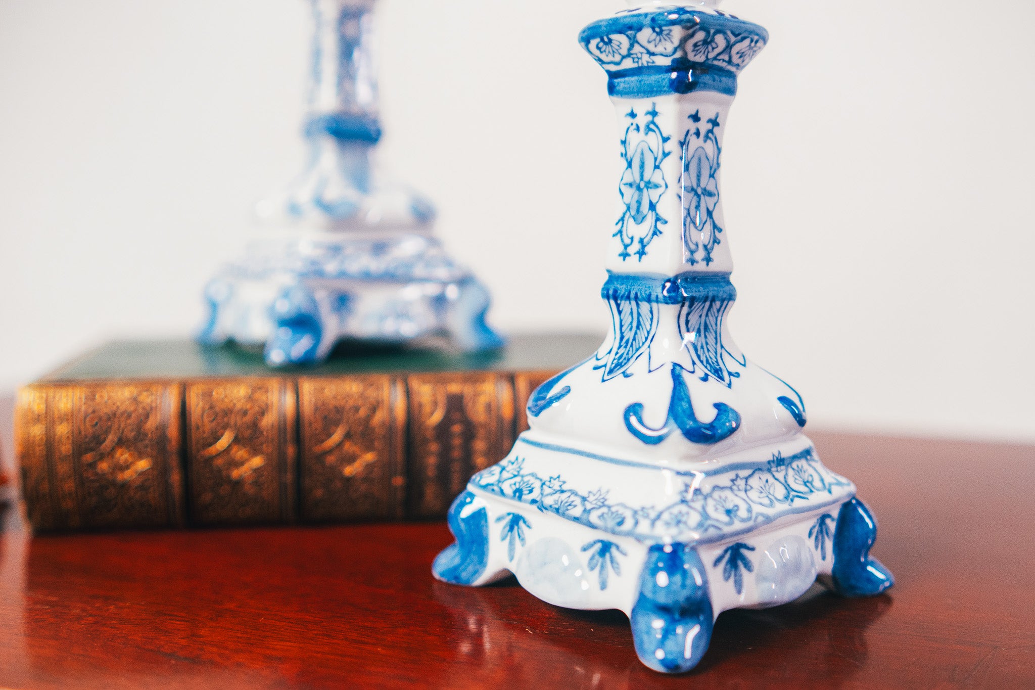 Delft Style Floral Candlestick Holders (pair)