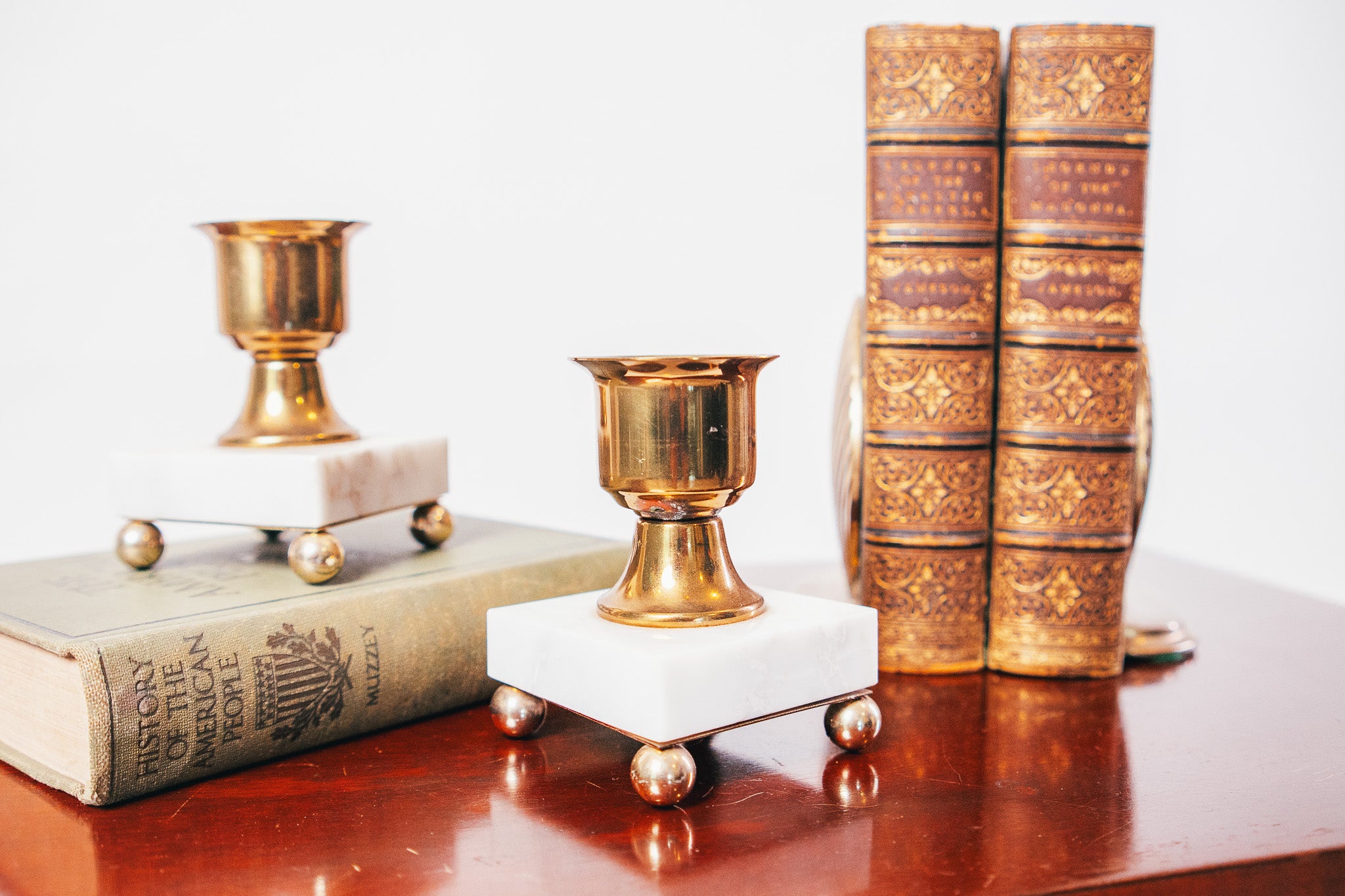 Vintage Mid Century Marble & Brass Candlestick Holders