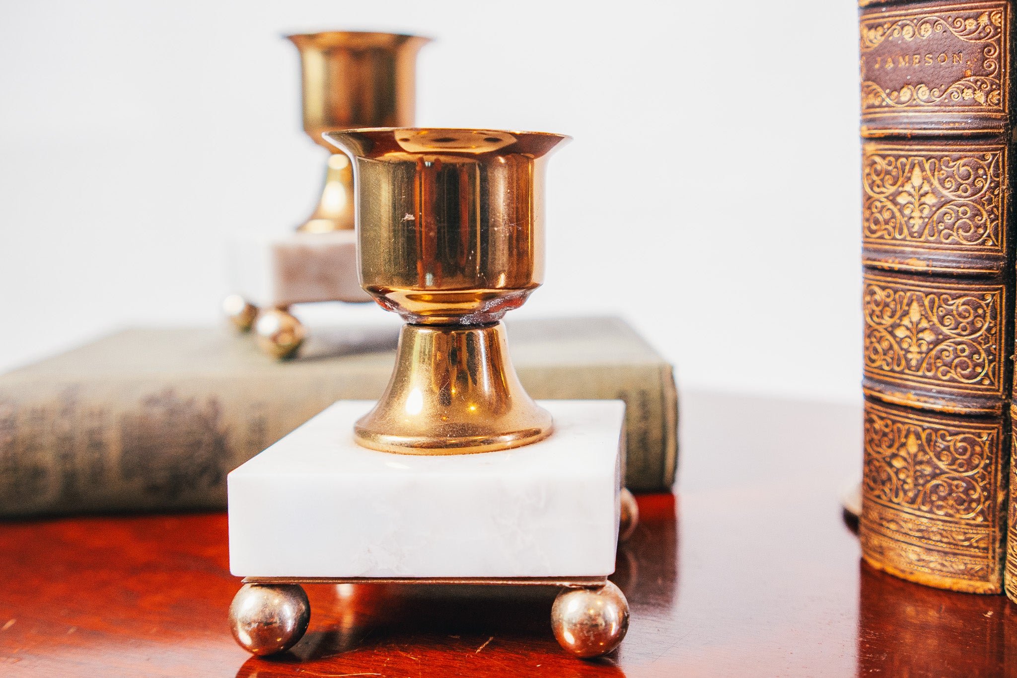 Vintage Mid Century Marble & Brass Candlestick Holders