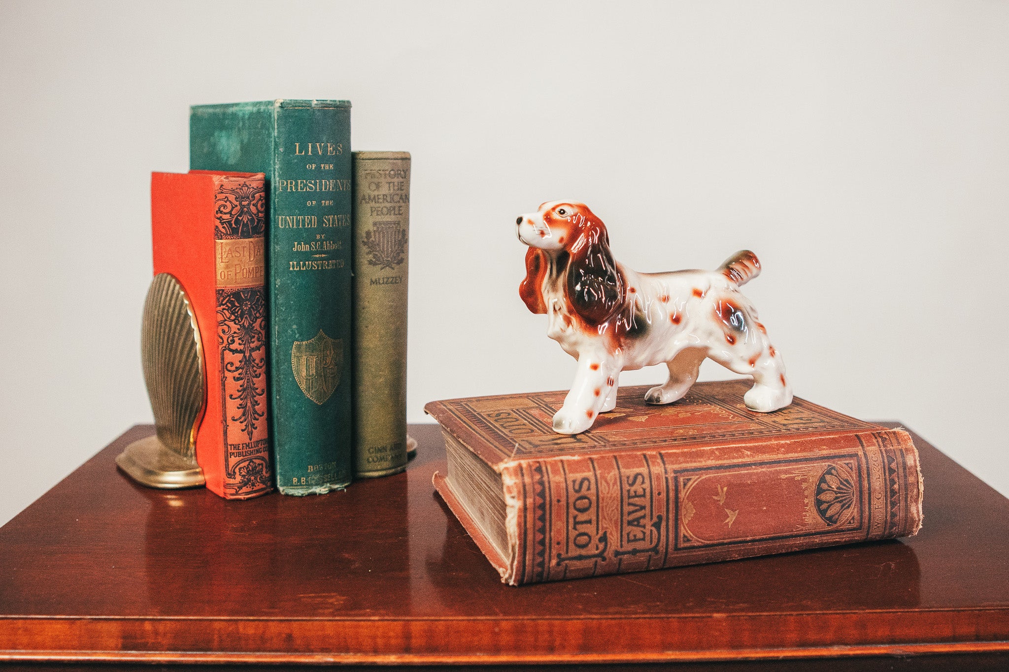 Decorative ceramic dog figurine on a book with vintage books in the background