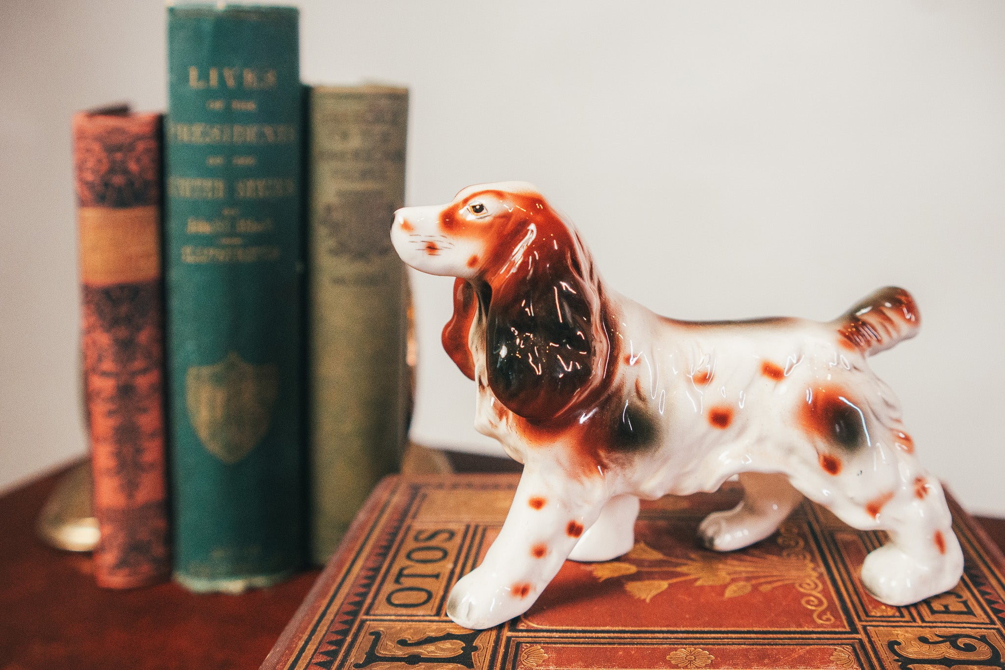  ceramic dog figurine on a book with vintage books in the background