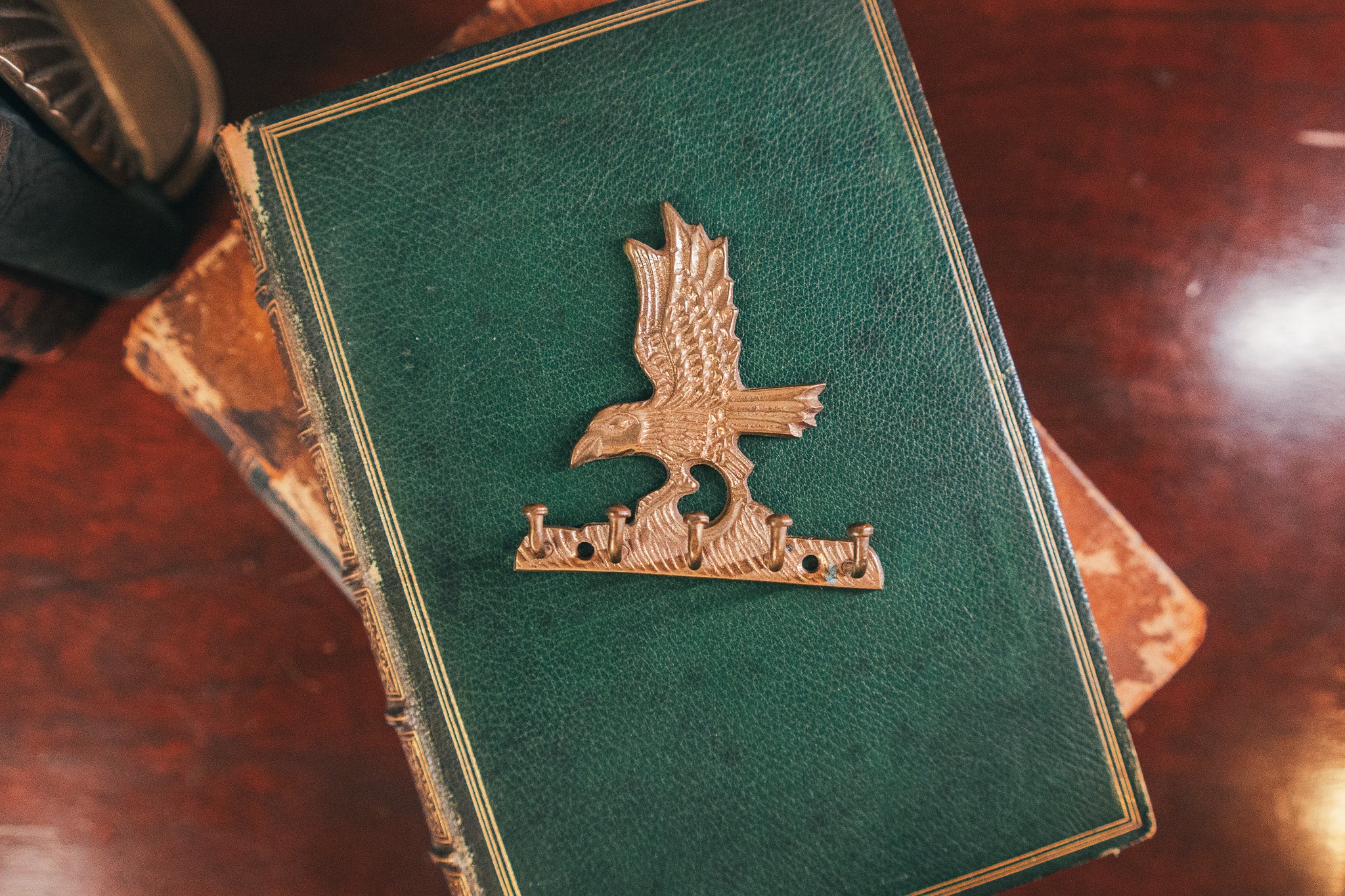 Green book with an eagle emblem on a wooden surface