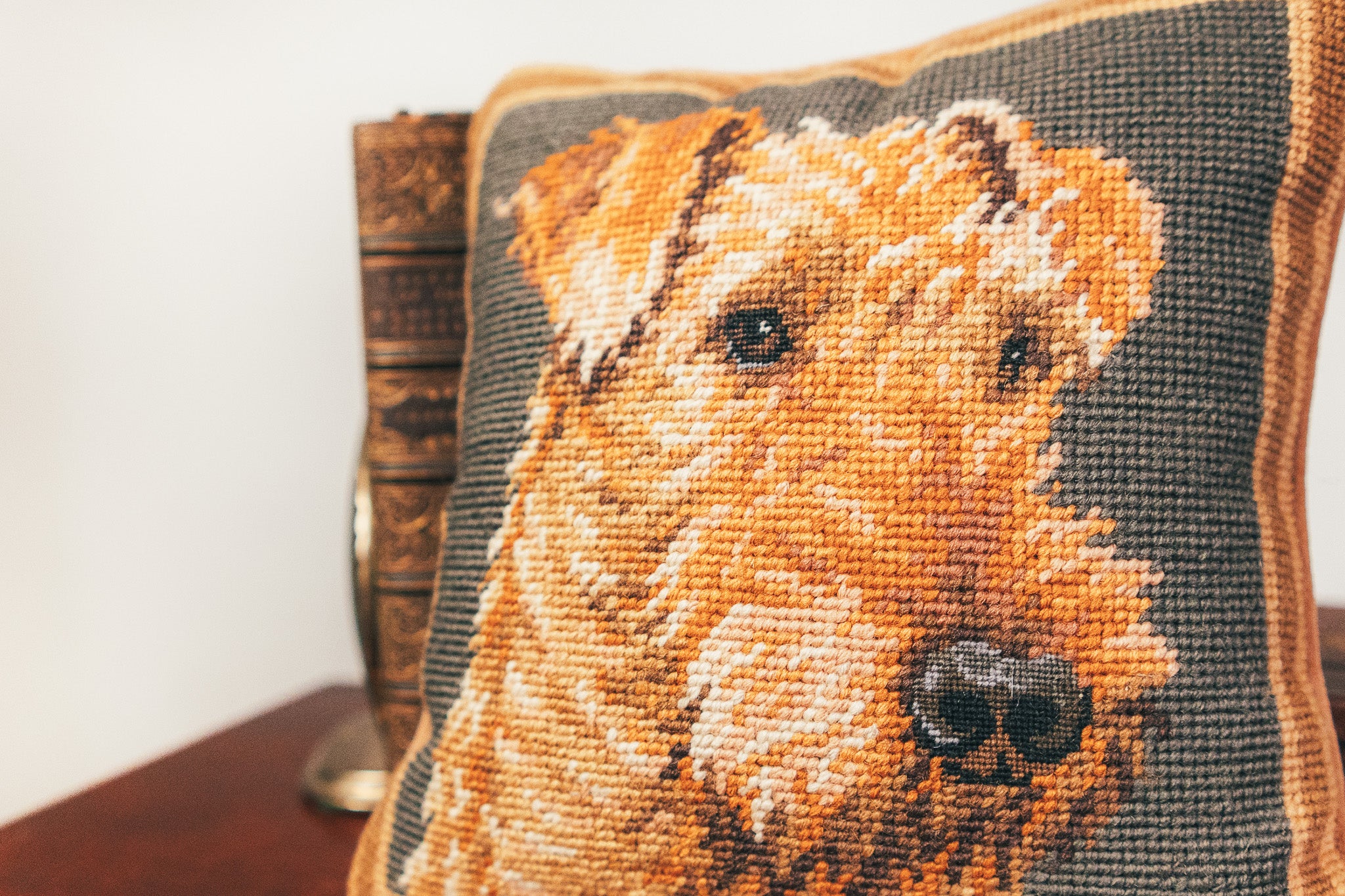 Pillow with a dog's face design on a wooden surface